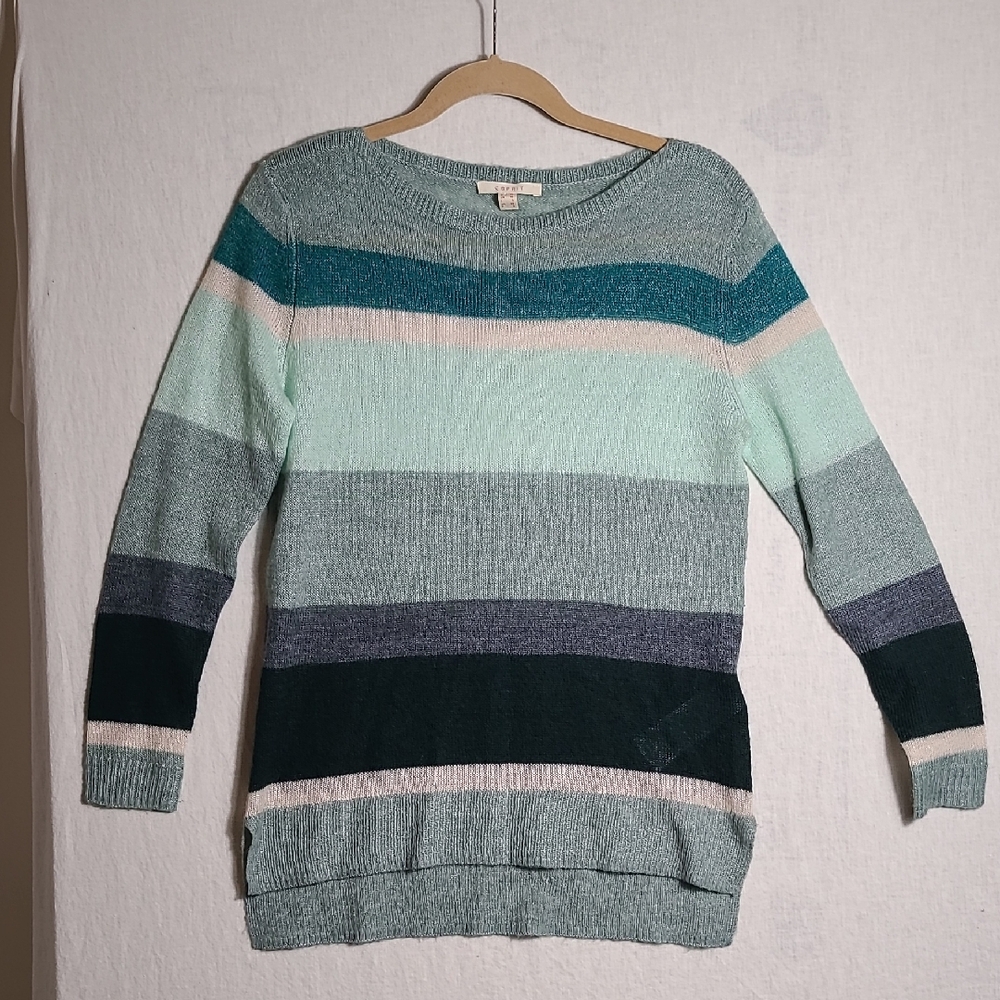 Esprit Women's Striped Lightweight Wool Sweater in Teal and Gray Size XS